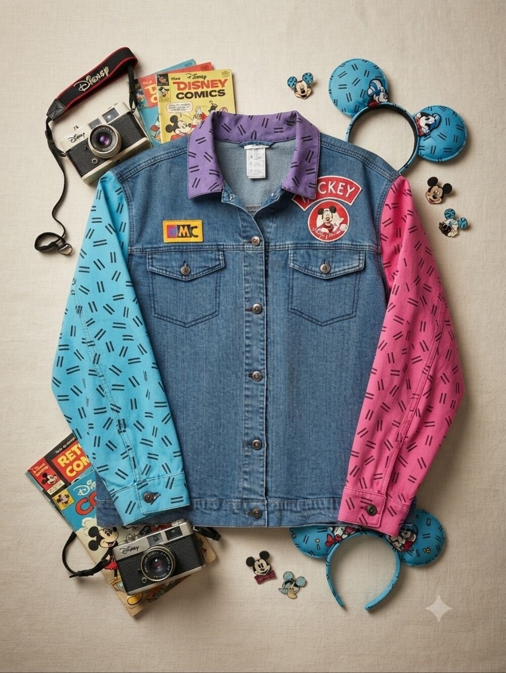 Disney Parks Mickey Mouse Club Retro 90s Colorblock Long Sleeves Denim Jacket